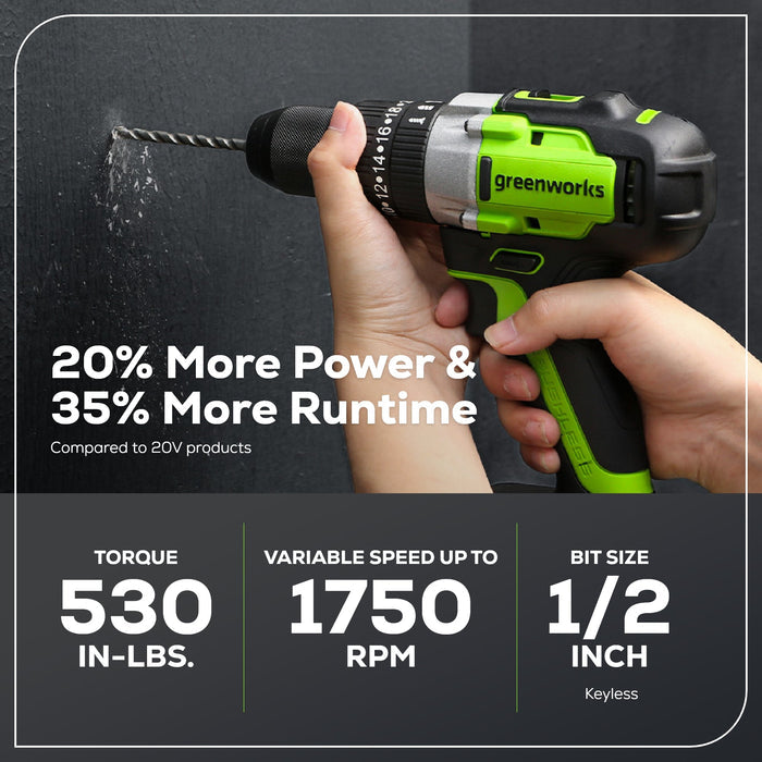 24V 1/2" 530 in/lbs Hammer Drill: 2.0 Ah Battery and Charger