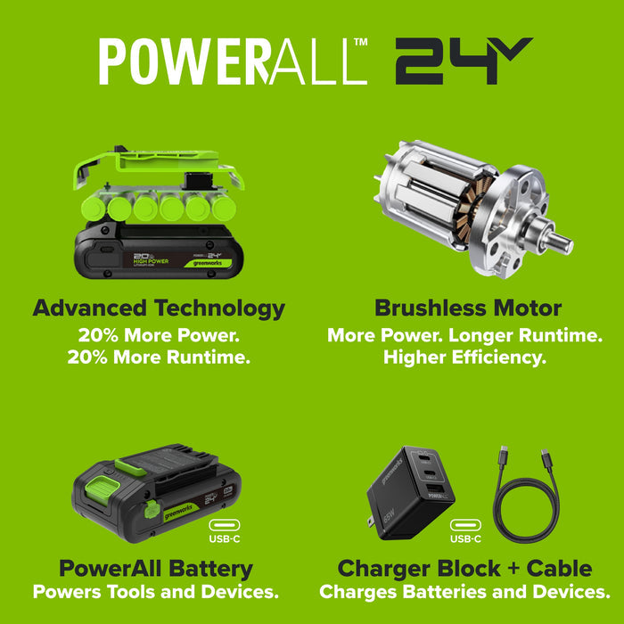 24V PowerAll 60 ft-lb 3/8" Ratchet Wrench, with 2.0 Ah Battery, 30W Charger, and 3' Cable