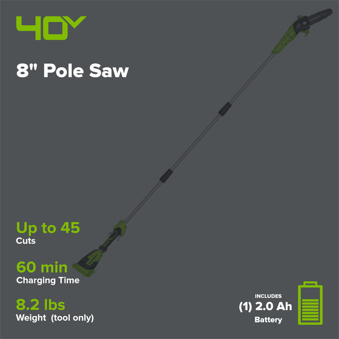 40V 8" Cordless Battery Pole Saw: 2.0 Ah Battery and Charger