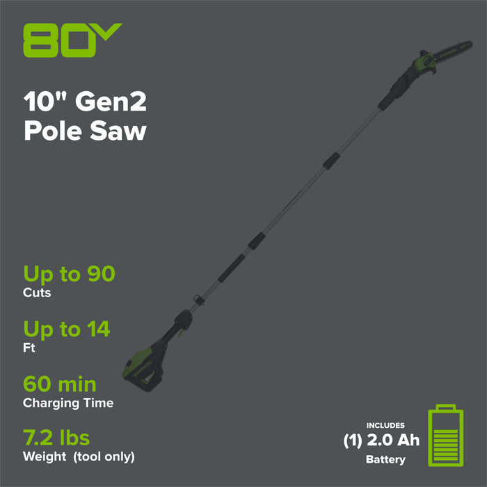80V 10" Gen2 Cordless Battery Pole Saw: 2.0 Ah Battery and Rapid Charger