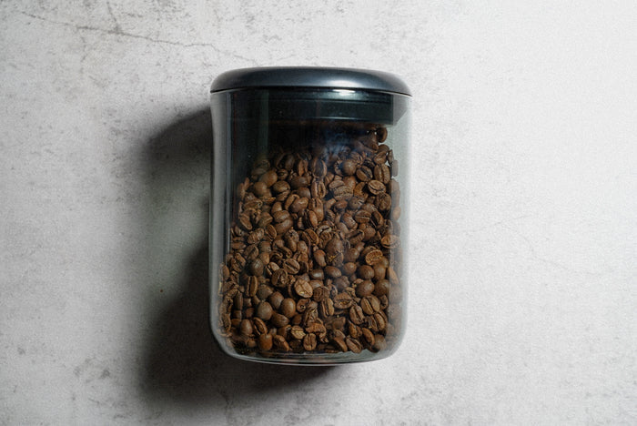 Airtight coffee storage container holding whole bean coffee