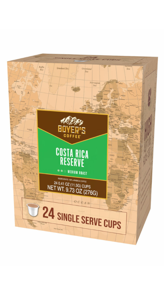 Box of Boyer's Coffee Costa Rica Reserve single serve cups on a world map background