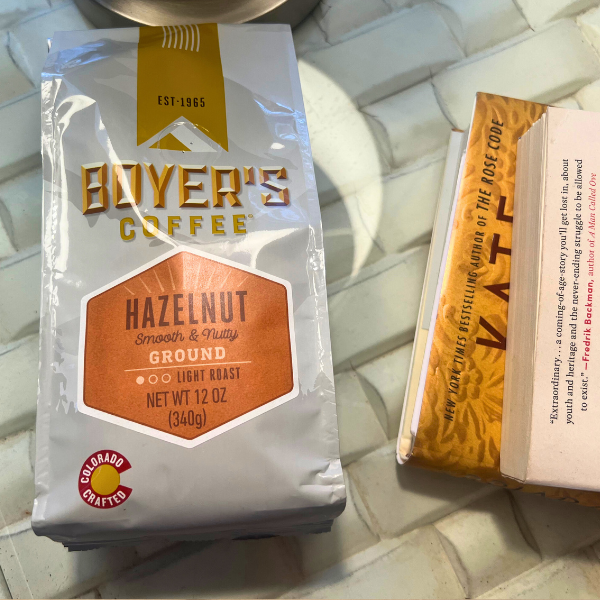 Boyer's Coffee Hazelnut ground coffee package on a tiled surface