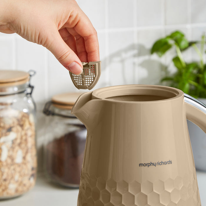 person holding the removeable filter on a jug kettle