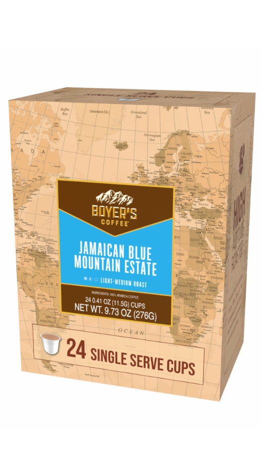 Box of Bover's Coffee Jamaican Blue Mountain Estate single serve cups on a world map background