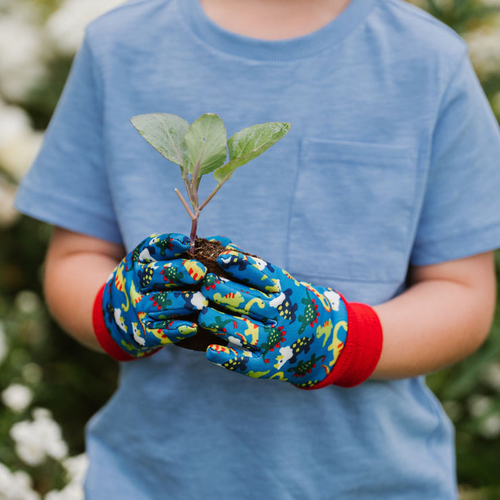 kent and stowe blue dinosaur gloves on boy holding plant