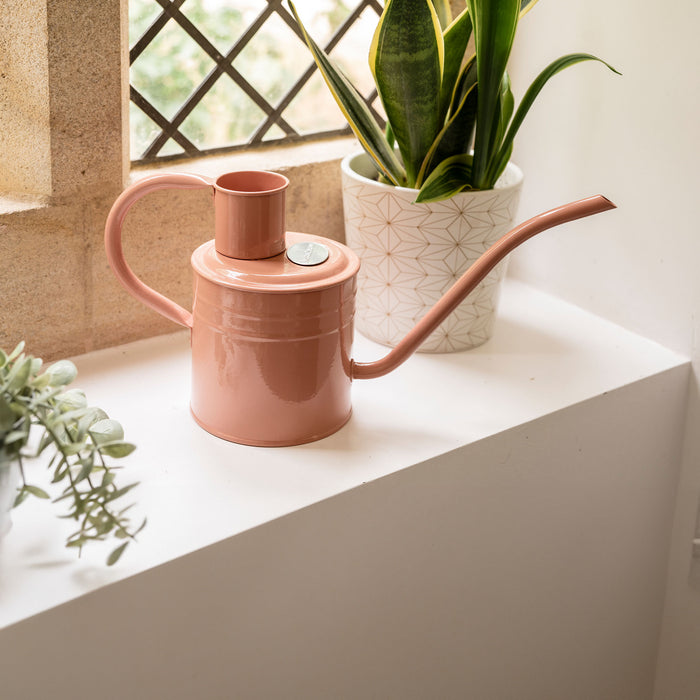 Kent & Stowe Indoor Metal Watering Can Blush Pink 1ltr on windowsill