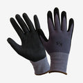 Pair of black and gray gloves with a brand logo on a white background