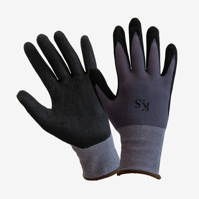 Pair of black and gray gloves with a brand logo on a white background