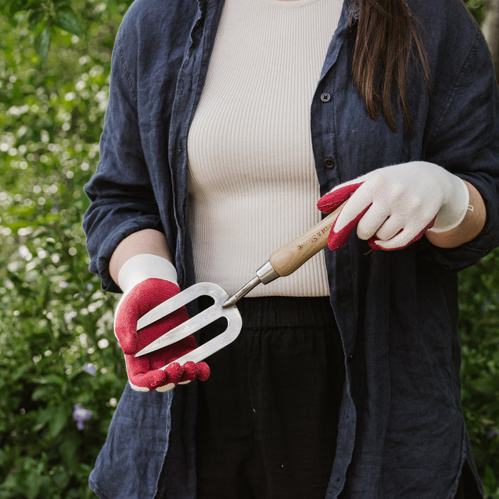 Kent & Stowe Rumba Red Natural Bamboo Gloves holding fork