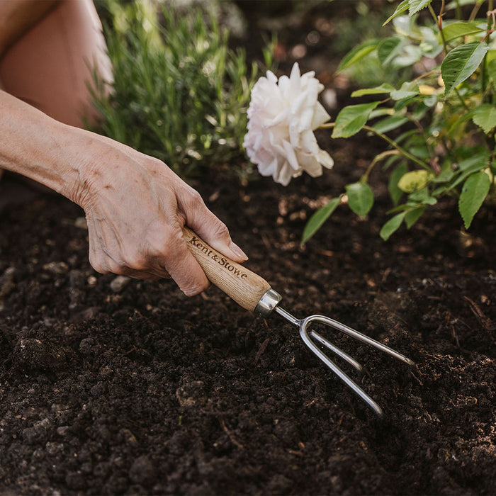 Kent & Stowe Stainless Steel Hand 3 Prong Cultivator in soil