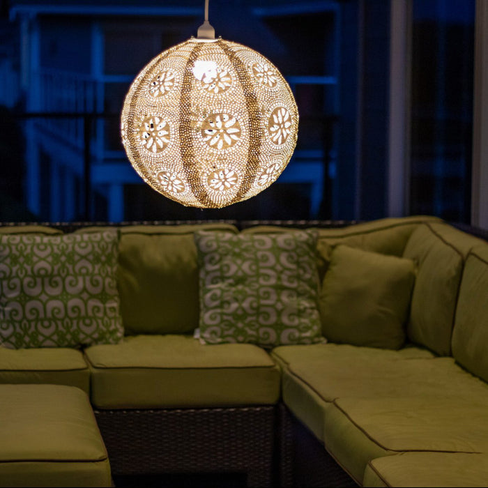 Soji Stella Nova Indoor Outdoor Tyvek Pendant Lamp outdoors at night