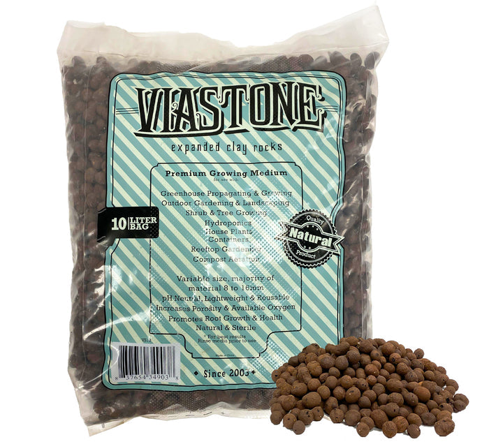 A package of Viastone expanded clay rocks intended for gardening purposes, labeled as 10L expanded clay rocks, grow rocks, round (EA).