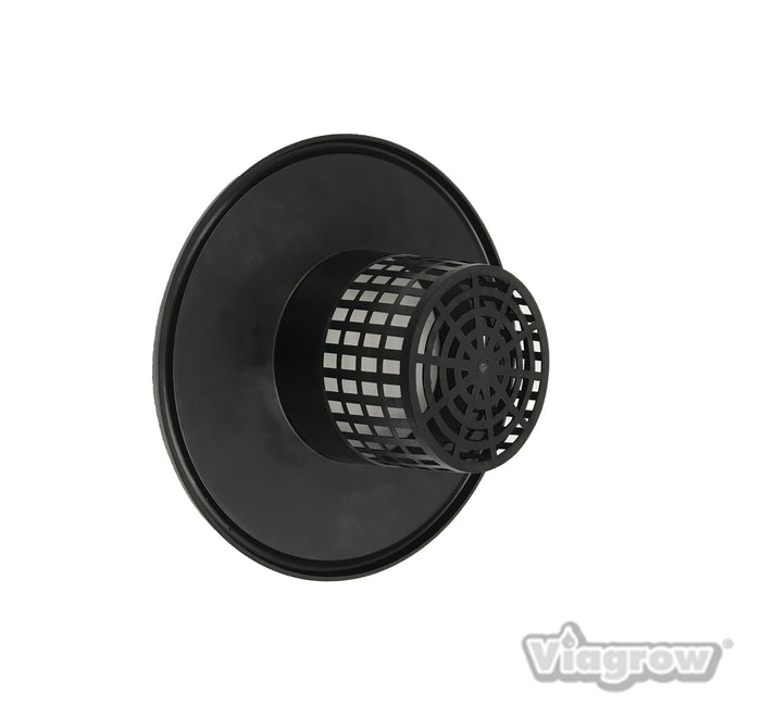 A black mesh pot bucket lid insert with a 6-inch net cup, designed for hydroponic applications, displayed on a white background.