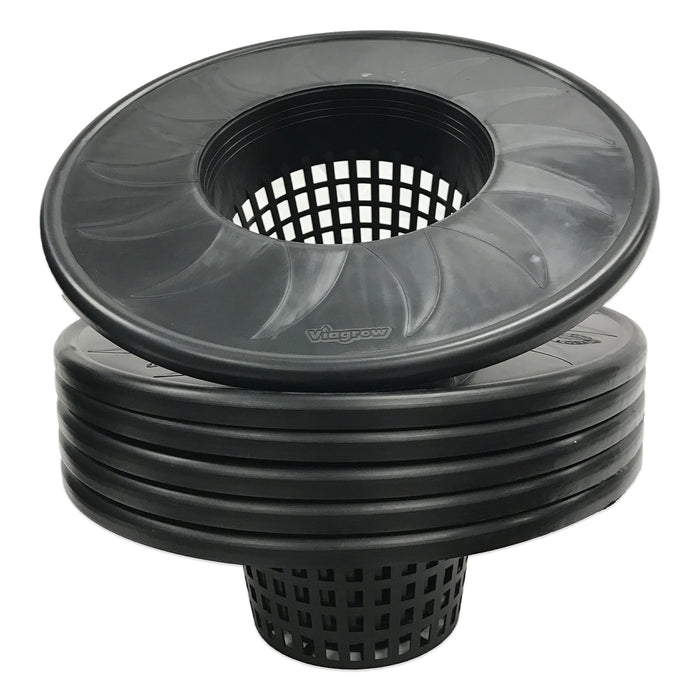 A black mesh pot bucket lid insert with a 6-inch net cup, designed for hydroponic applications, displayed on a white background.