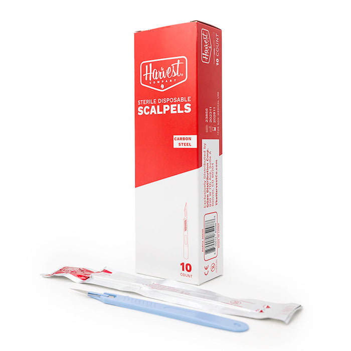 Box of Harvest disposable scalpel with a scalpel blade on a white background