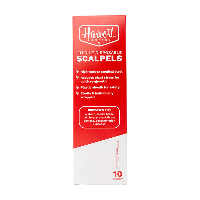 Box of sterile disposable scalpels with Harvest Company branding on a white background