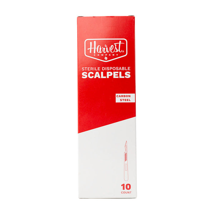 Box of sterile disposable scalpels with 'The Harvest Company' branding on a white background